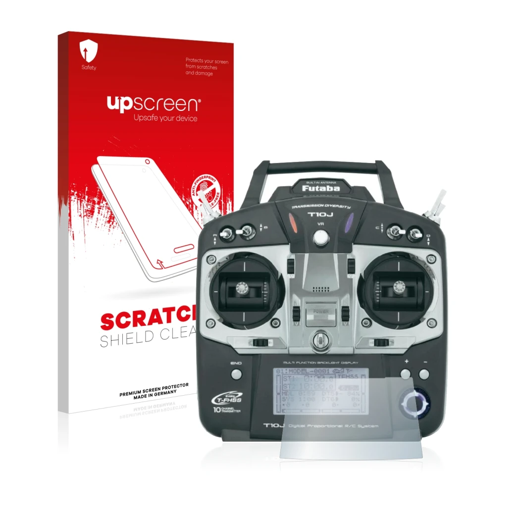 Face avant d’un emballage produit avec le logo de la marque upscreen. À côté, l’appareil Robbe Futaba T10J est représenté avec