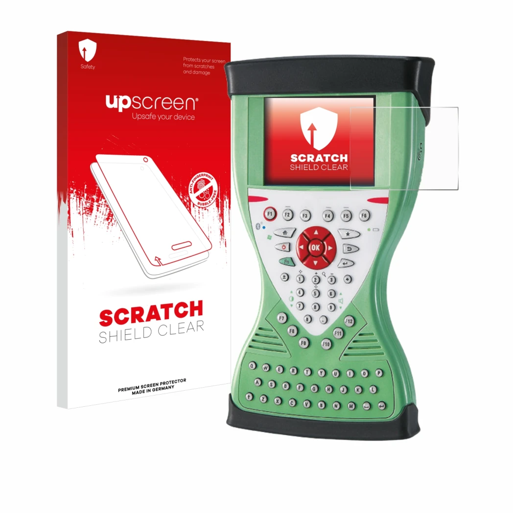 Face avant d’un emballage produit avec le logo de la marque upscreen. À côté, l’appareil Leica Viva Controller CS15 est représ