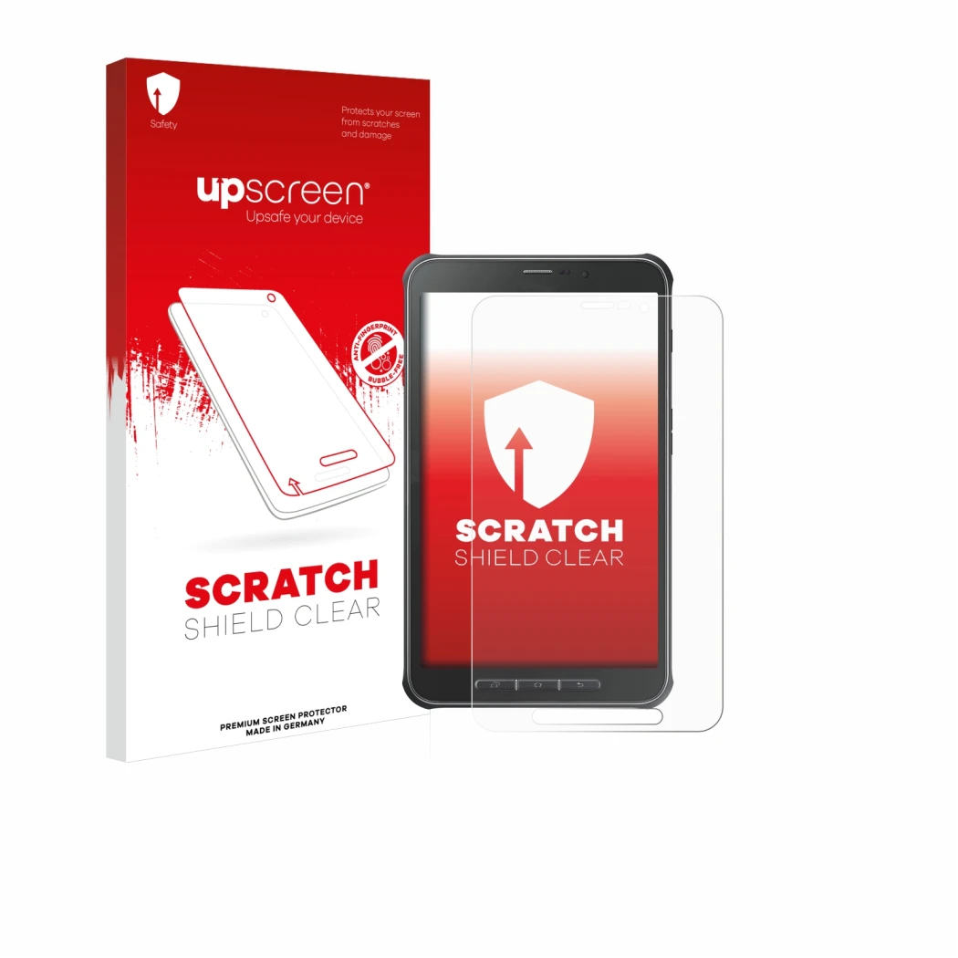 Face avant d’un emballage produit avec le logo de la marque upscreen. À côté, l’appareil Samsung Galaxy Tab Active SM-T365 est