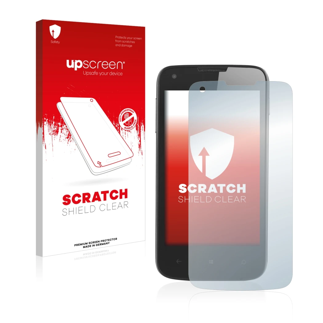 Face avant d’un emballage produit avec le logo de la marque upscreen. À côté, l’appareil Prestigio MultiPhone 8400 DUO PSP8400