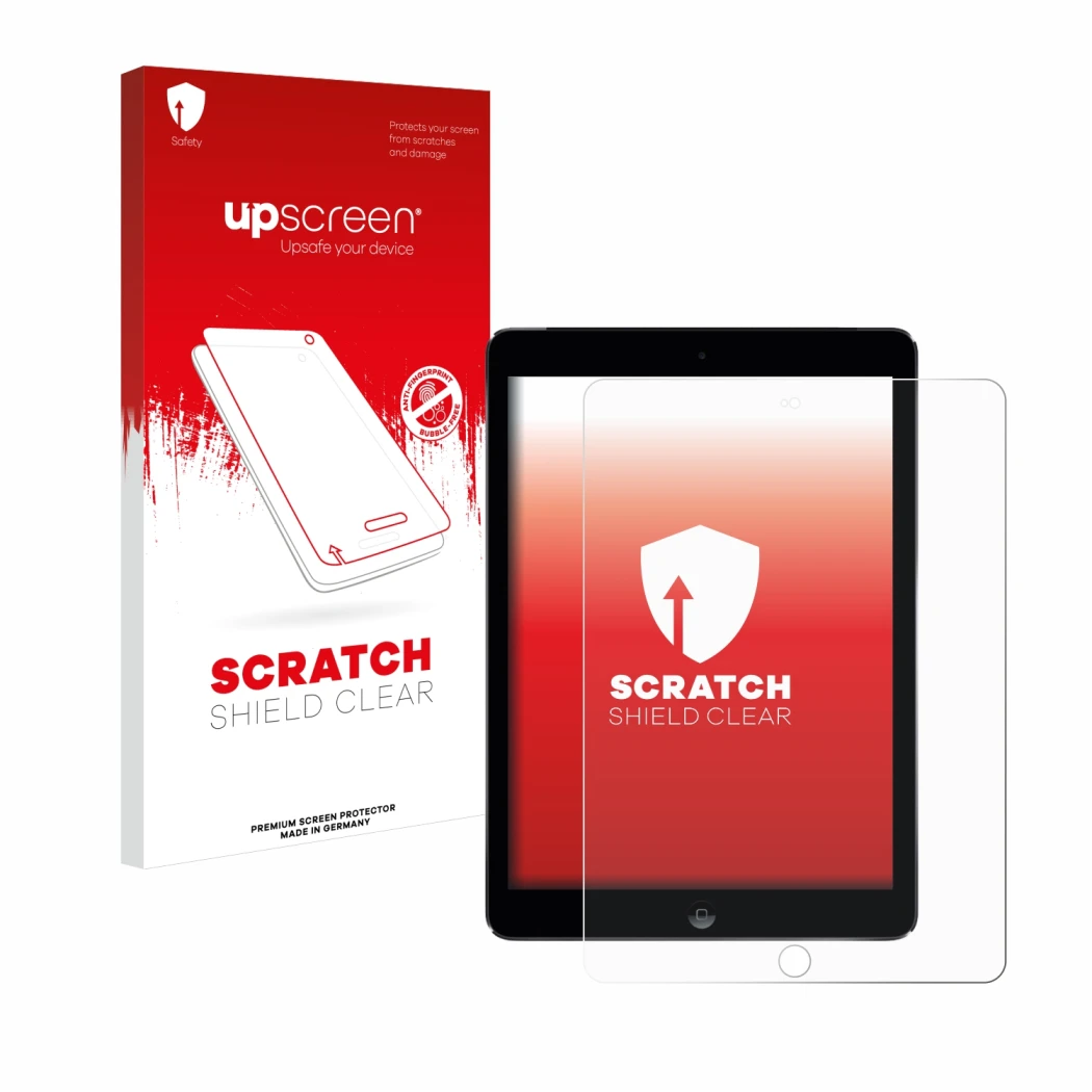 Face avant d’un emballage produit avec le logo de la marque upscreen. À côté, l’appareil Apple iPad Air 2 2014 est représenté