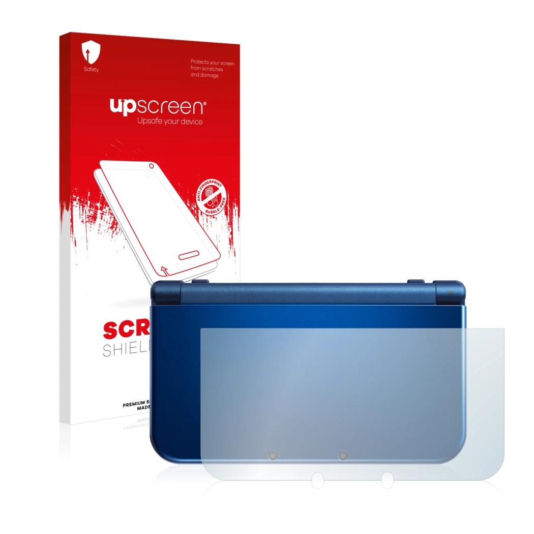 Face avant d’un emballage produit avec le logo de la marque upscreen. À côté, l’appareil Nintendo New 3DS XL (boîtier) est rep