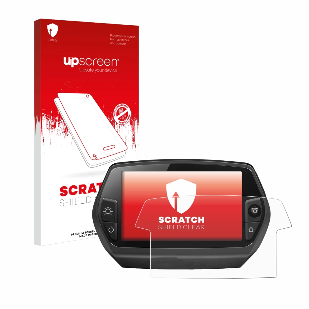 Face avant d’un emballage produit avec le logo de la marque upscreen. À côté, l’appareil Bosch Nyon 2014 est représenté avec l