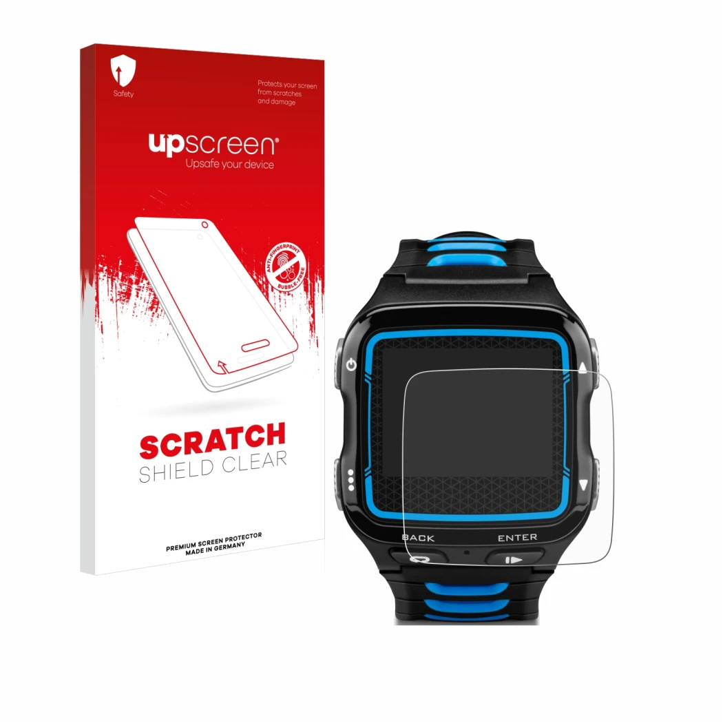 Face avant d’un emballage produit avec le logo de la marque upscreen. À côté, l’appareil Garmin Forerunner 920XT est représent