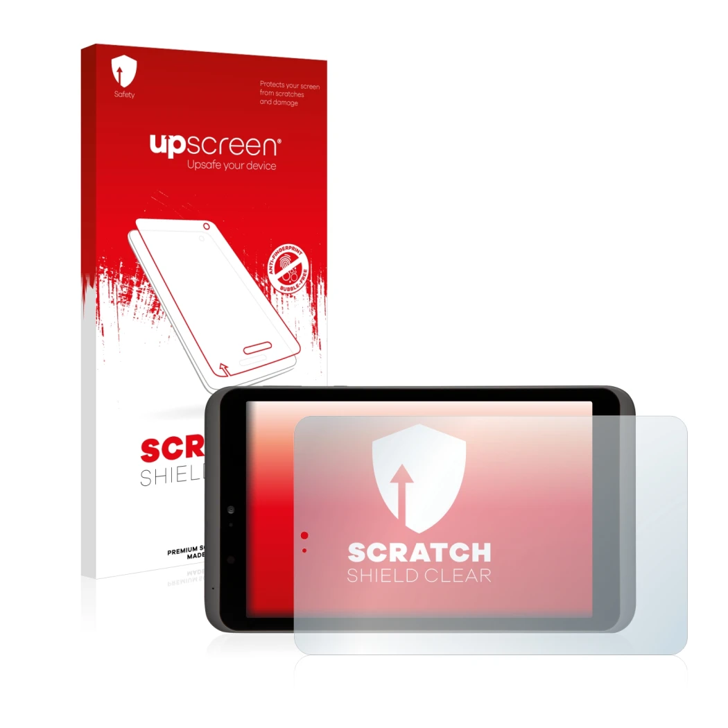 Face avant d’un emballage produit avec le logo de la marque upscreen. À côté, l’appareil Tesco hudl2 est représenté avec la pr