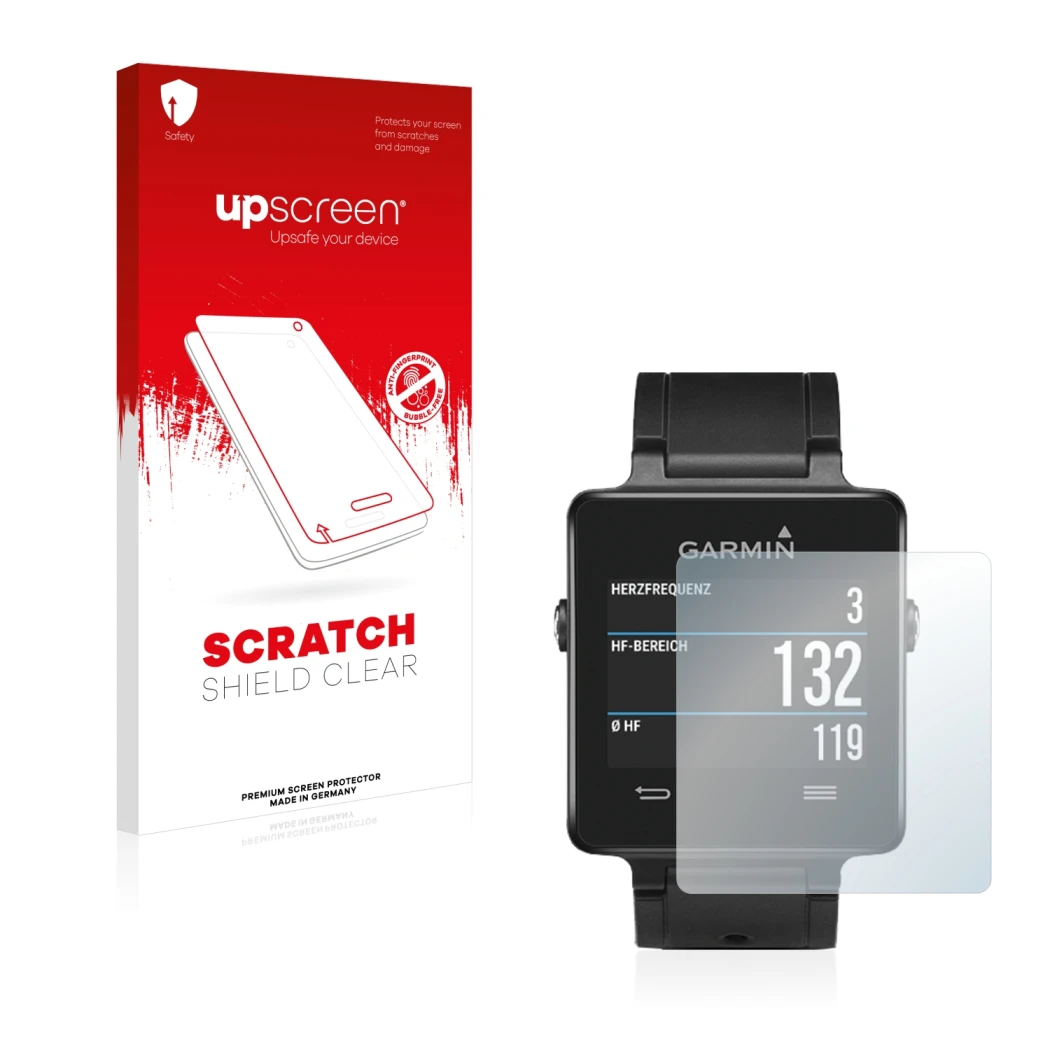 Face avant d’un emballage produit avec le logo de la marque upscreen. À côté, l’appareil Garmin vivoactive est représenté avec