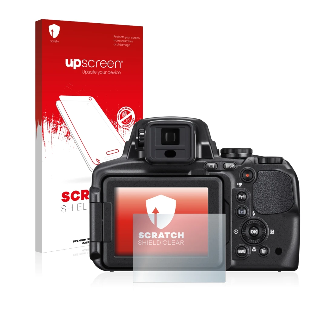 Face avant d’un emballage produit avec le logo de la marque upscreen. À côté, l’appareil Nikon Coolpix P900 est représenté ave