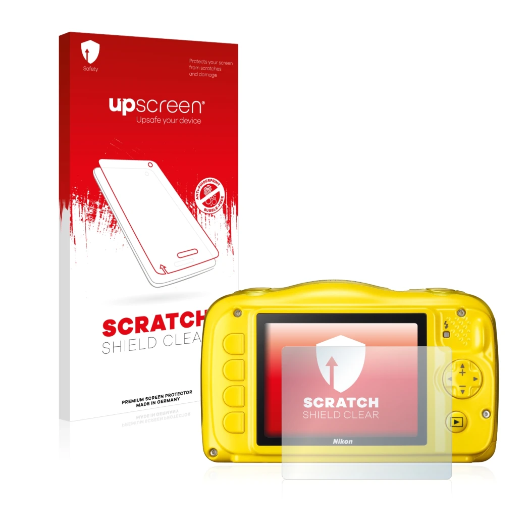 Face avant d’un emballage produit avec le logo de la marque upscreen. À côté, l’appareil Nikon Coolpix S33 est représenté avec