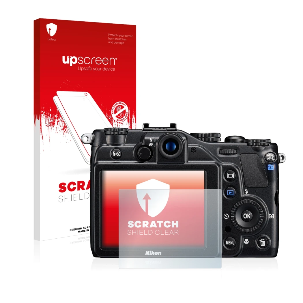 Face avant d’un emballage produit avec le logo de la marque upscreen. À côté, l’appareil Nikon Coolpix S7000 est représenté av