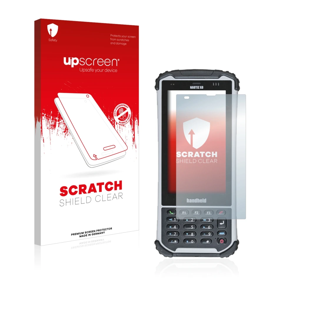 Face avant d’un emballage produit avec le logo de la marque upscreen. À côté, l’appareil Handheld Nautiz X8 est représenté ave