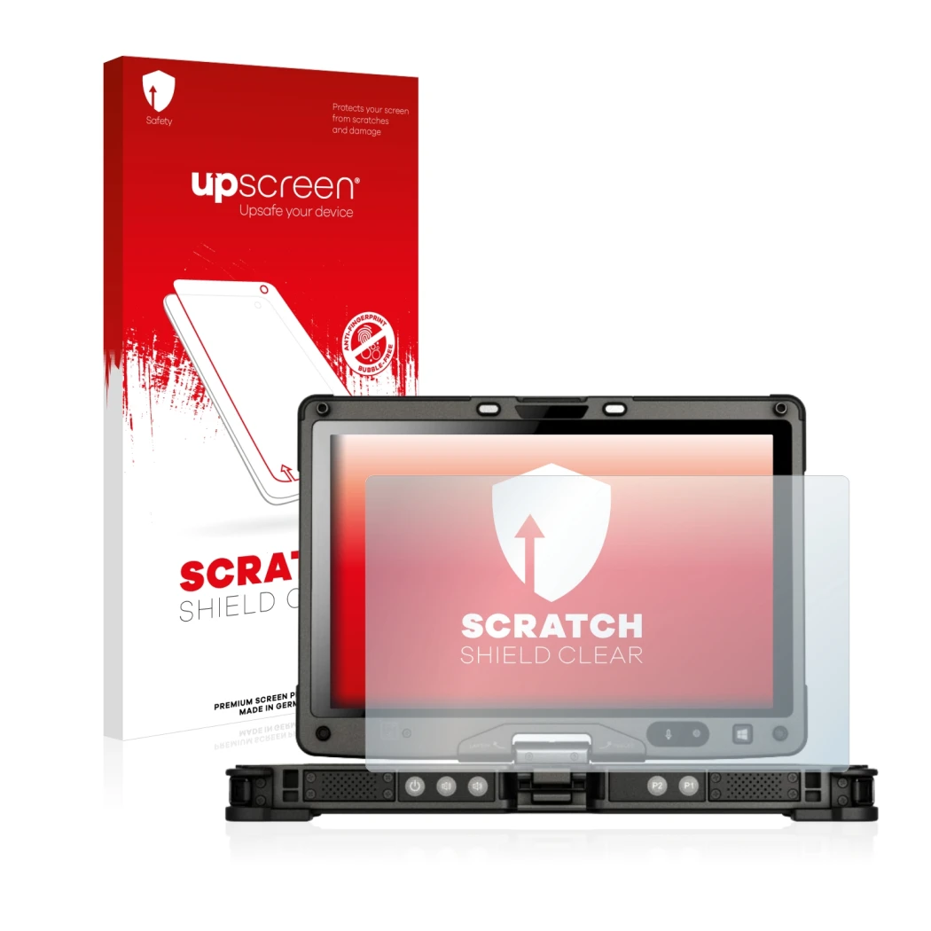 Face avant d’un emballage produit avec le logo de la marque upscreen. À côté, l’appareil Getac V110 est représenté avec la pro