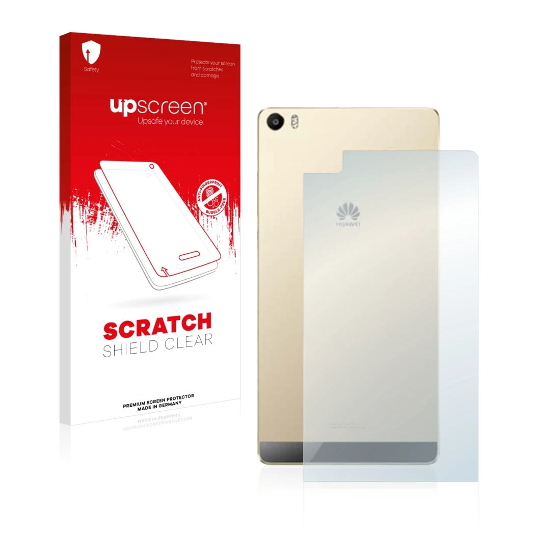 Face avant d’un emballage produit avec le logo de la marque upscreen. À côté, l’appareil Huawei P8 Max (Arrière) est représent