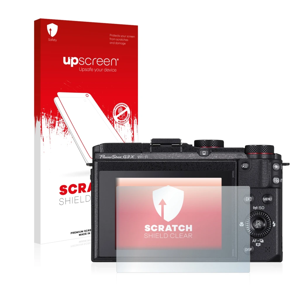 Face avant d’un emballage produit avec le logo de la marque upscreen. À côté, l’appareil Canon PowerShot G3 X est représenté a