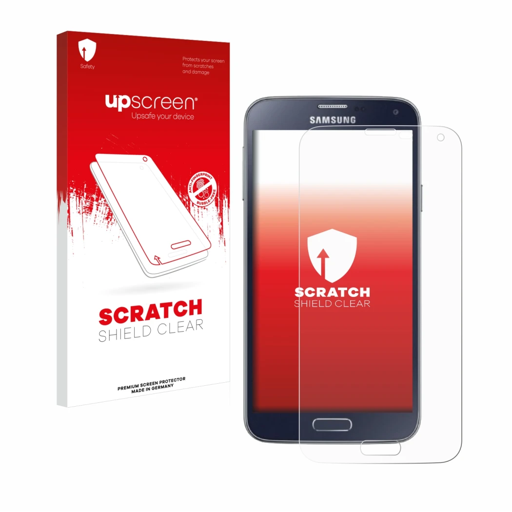 Face avant d’un emballage produit avec le logo de la marque upscreen. À côté, l’appareil Samsung Galaxy S5 Neo est représenté