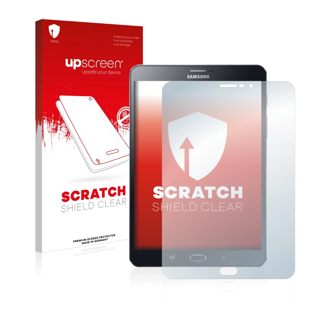 Face avant d’un emballage produit avec le logo de la marque upscreen. À côté, l’appareil Samsung Galaxy Tab Tab S2 8.0 LTE est