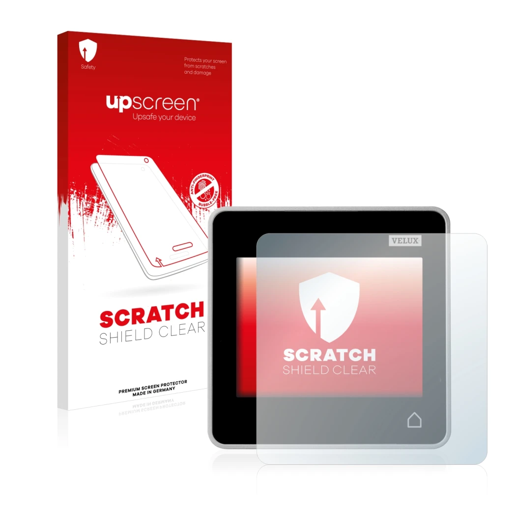 Face avant d’un emballage produit avec le logo de la marque upscreen. À côté, l’appareil Velux Integra Control Pad KLR 200 est