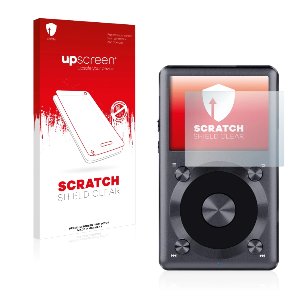 Face avant d’un emballage produit avec le logo de la marque upscreen. À côté, l’appareil FiiO X3 II est représenté avec la pro