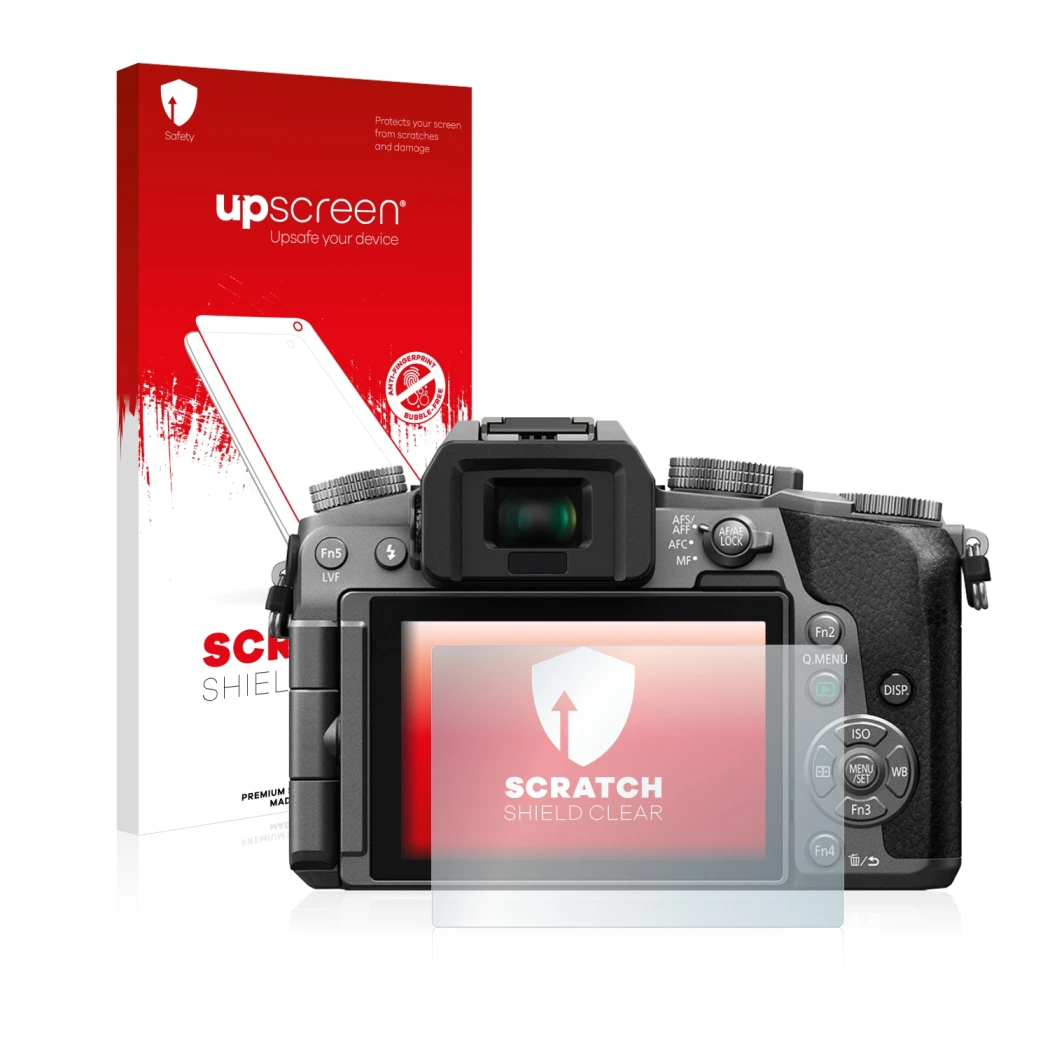 Face avant d’un emballage produit avec le logo de la marque upscreen. À côté, l’appareil Panasonic Lumix DMC-G7 est représenté