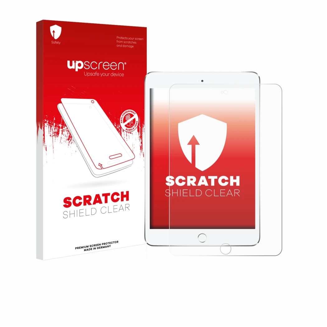 Face avant d’un emballage produit avec le logo de la marque upscreen. À côté, l’appareil Apple iPad Mini 4 2015 est représenté