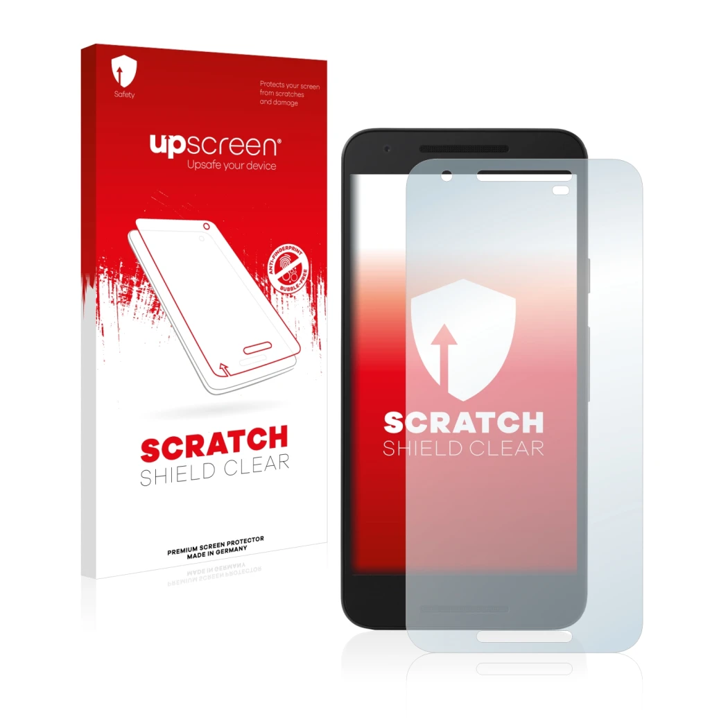 Face avant d’un emballage produit avec le logo de la marque upscreen. À côté, l’appareil LG Nexus 5X est représenté avec la pr