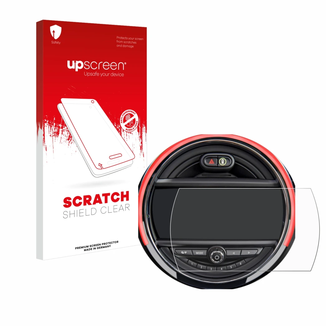 Face avant d’un emballage produit avec le logo de la marque upscreen. À côté, l’appareil Mini Cooper R56 (6.5