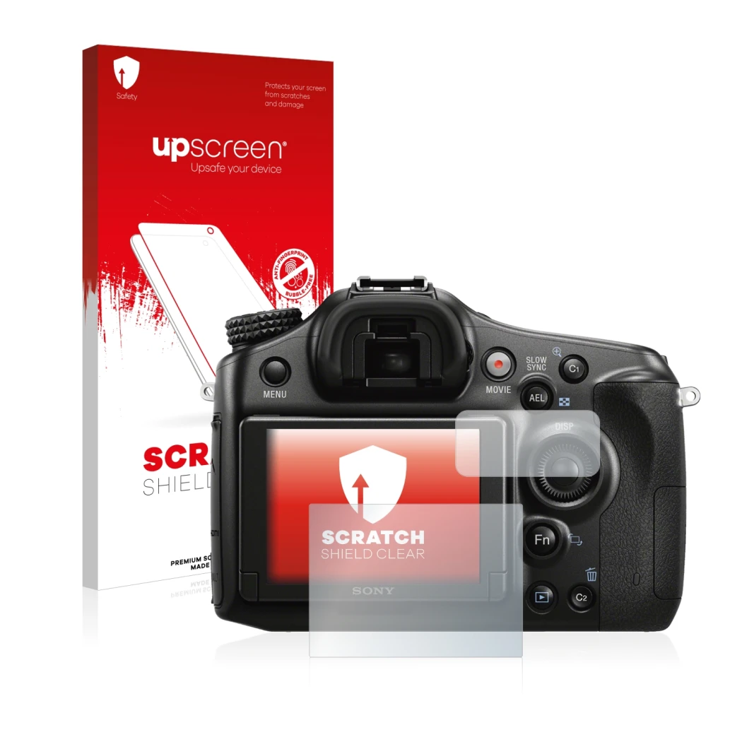 Face avant d’un emballage produit avec le logo de la marque upscreen. À côté, l’appareil Sony Alpha 68 est représenté avec la 