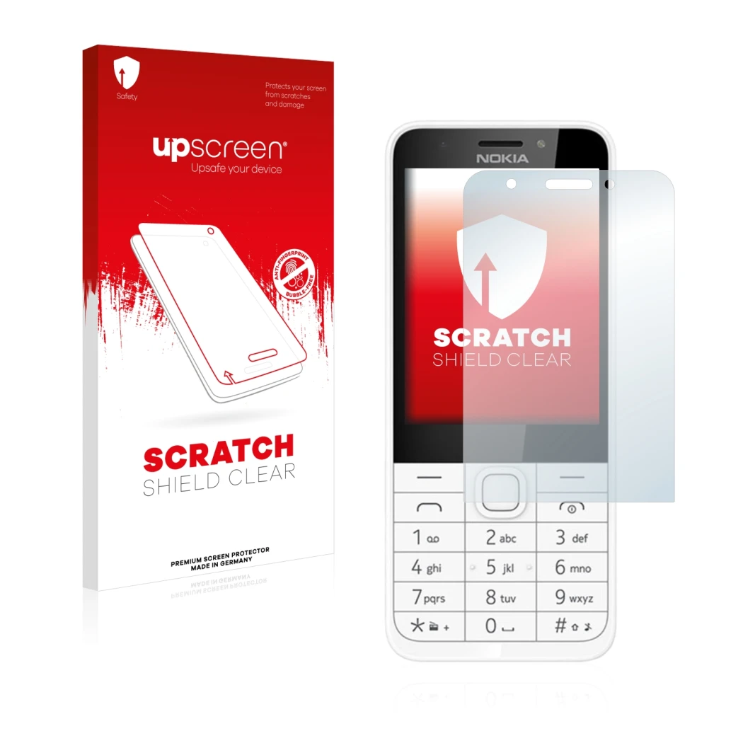 Face avant d’un emballage produit avec le logo de la marque upscreen. À côté, l’appareil Nokia 230 est représenté avec la prot