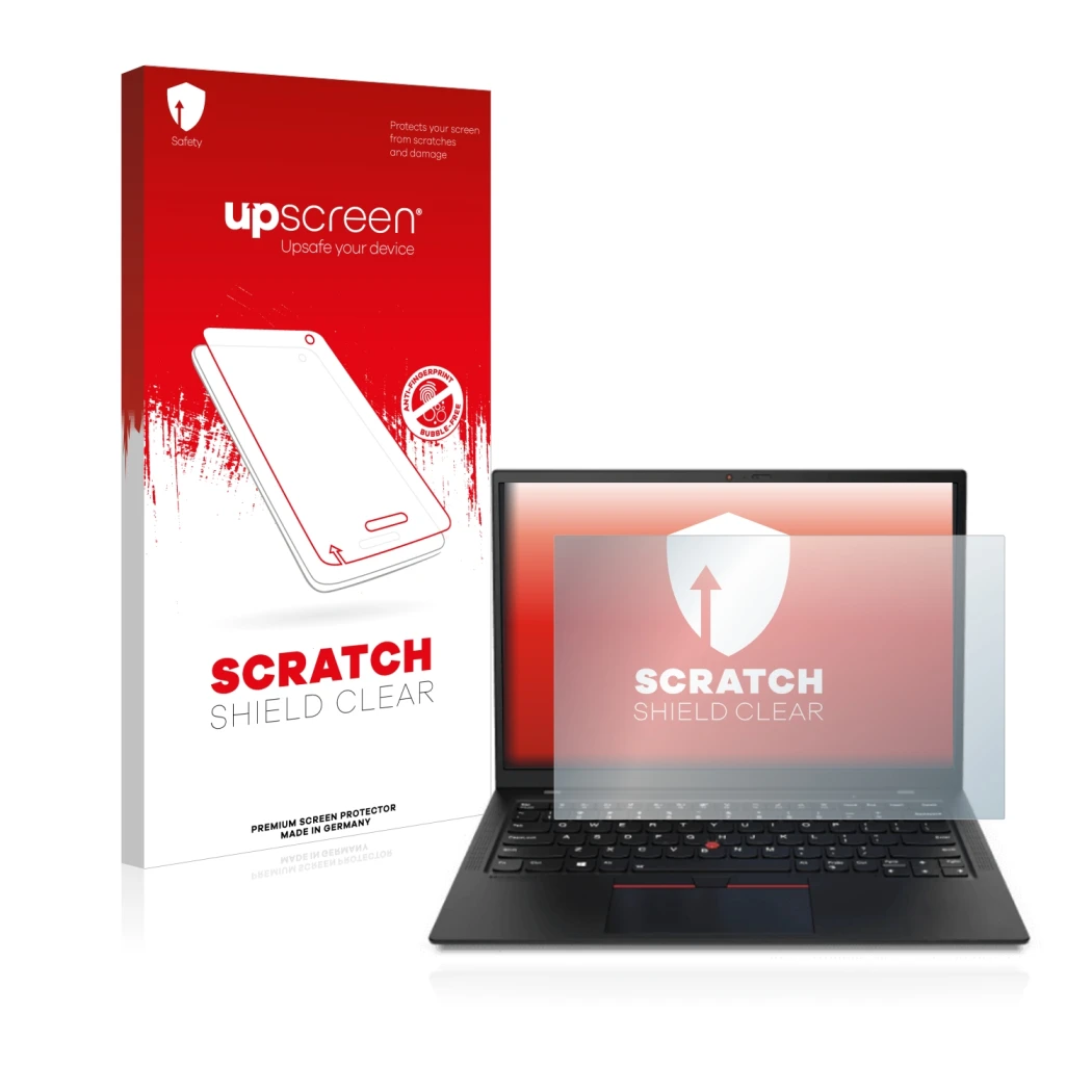 Face avant d’un emballage produit avec le logo de la marque upscreen. À côté, l’appareil Lenovo ThinkPad X1 est représenté ave