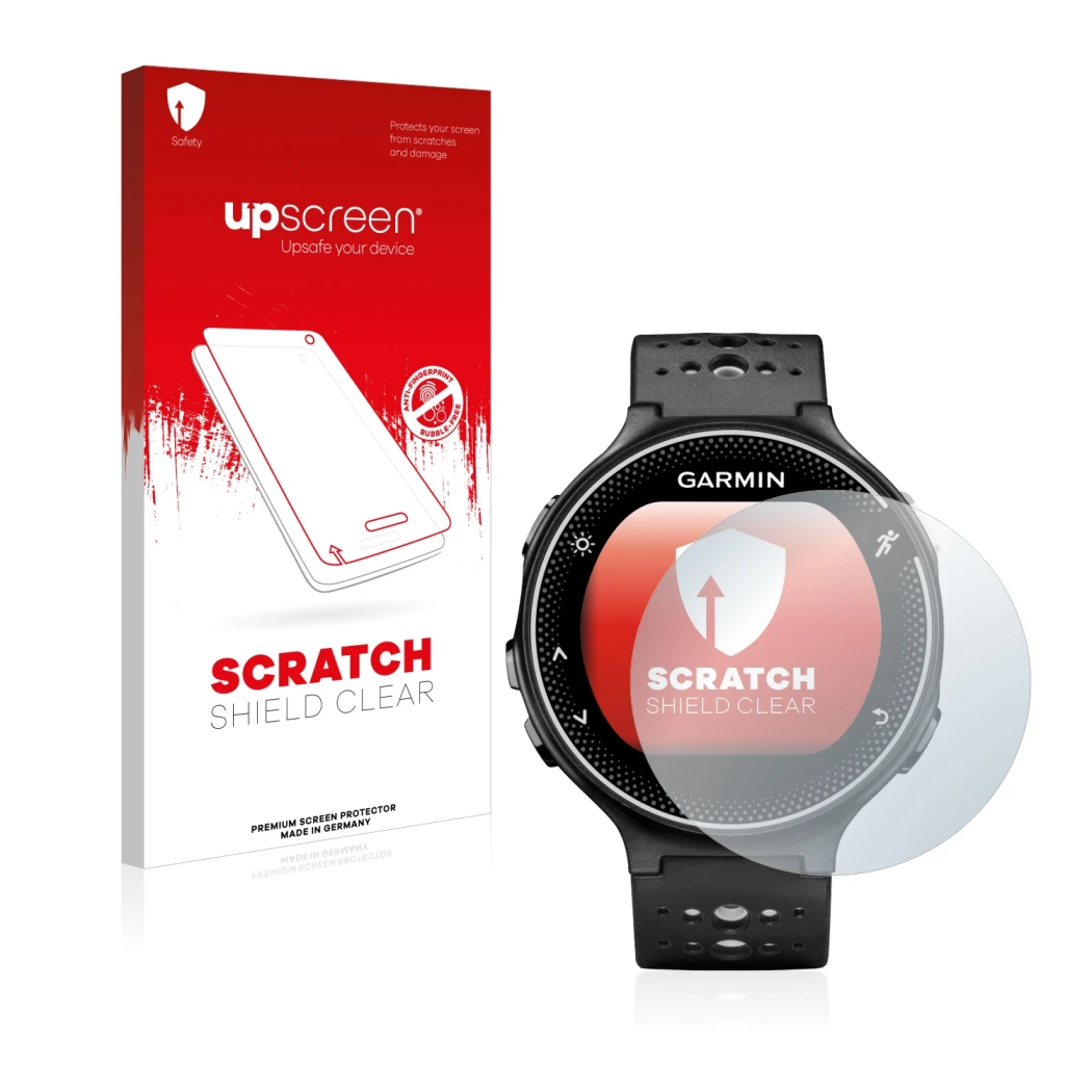 Face avant d’un emballage produit avec le logo de la marque upscreen. À côté, l’appareil Garmin Forerunner 230 est représenté 