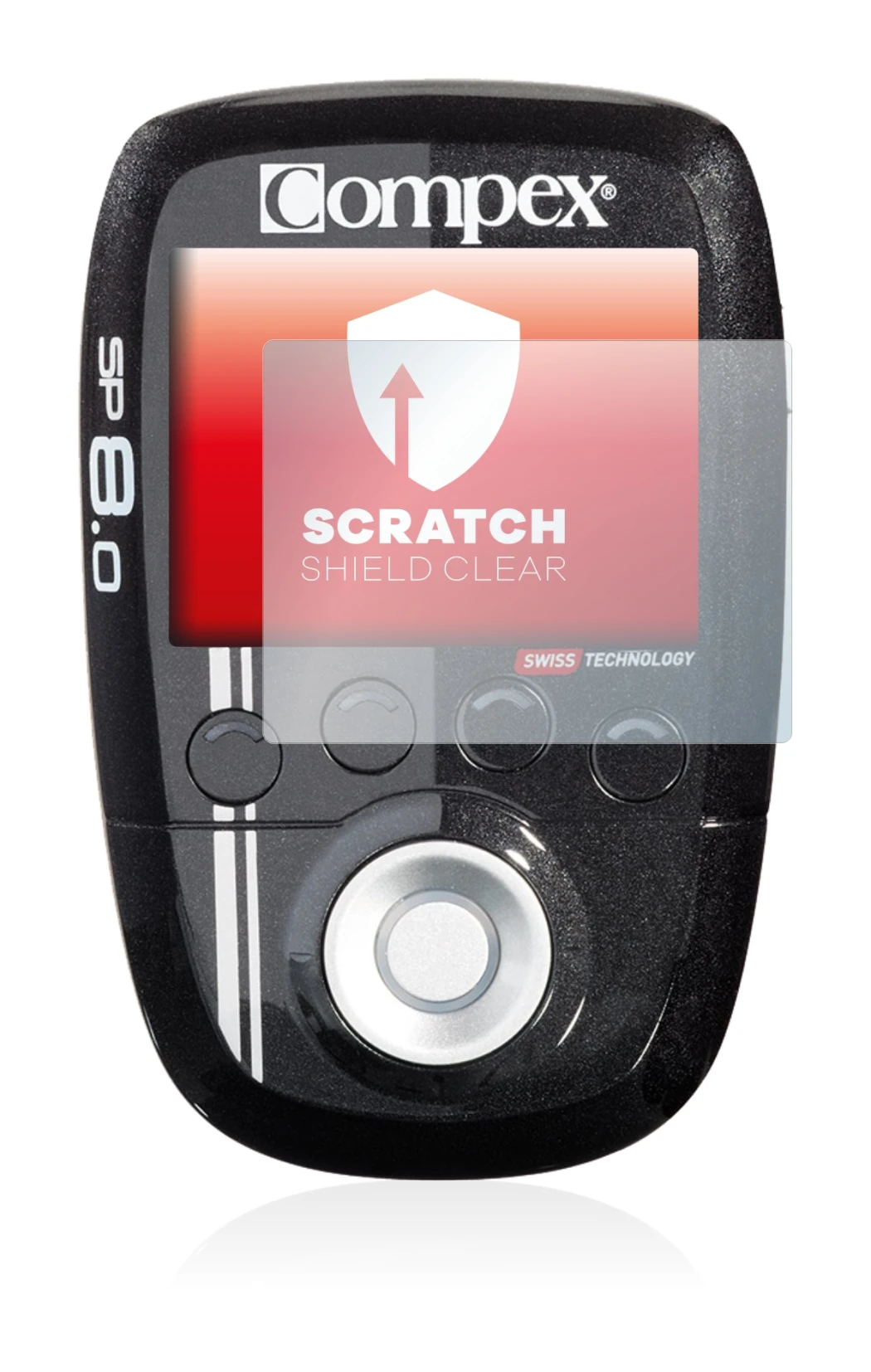 Image de l'appareil Compex SP 8.0 avec une grande variété de protections d'écran.