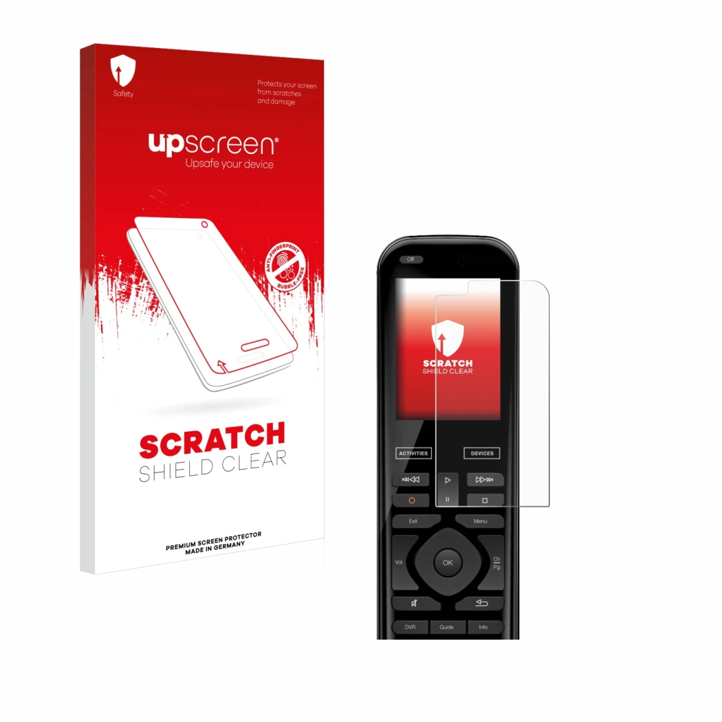 Face avant d’un emballage produit avec le logo de la marque upscreen. À côté, l’appareil Logitech Harmony 950 est représenté a