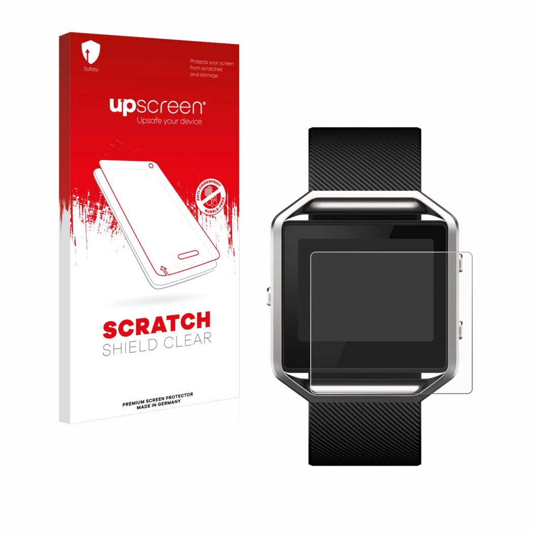 Face avant d’un emballage produit avec le logo de la marque upscreen. À côté, l’appareil Fitbit Blaze est représenté avec la p