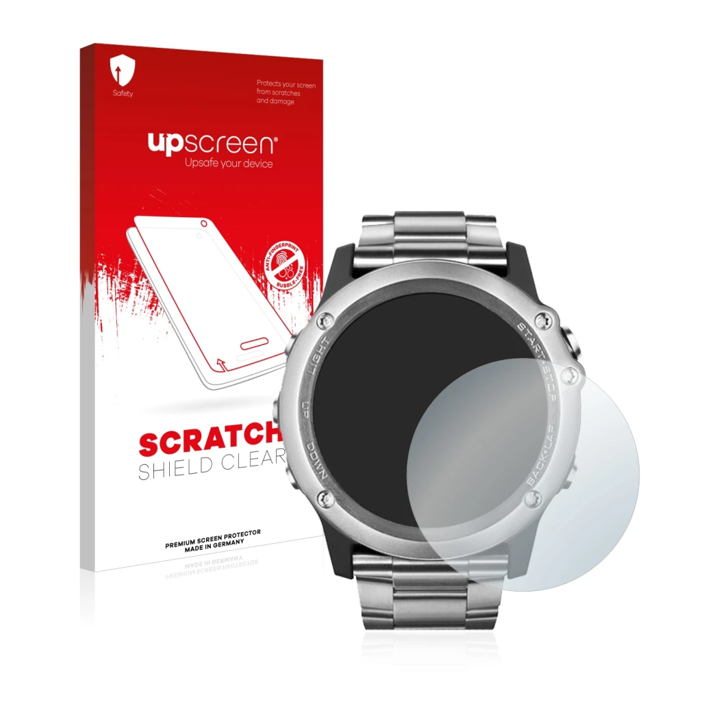 Face avant d’un emballage produit avec le logo de la marque upscreen. À côté, l’appareil Garmin Fenix 3 Saphir est représenté
