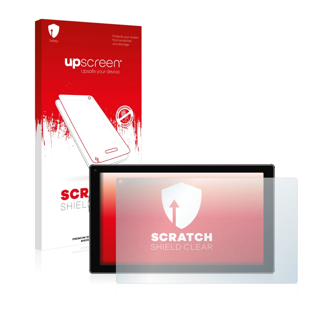 Face avant d’un emballage produit avec le logo de la marque upscreen. À côté, l’appareil Blaupunkt Endeavour 101M est représen
