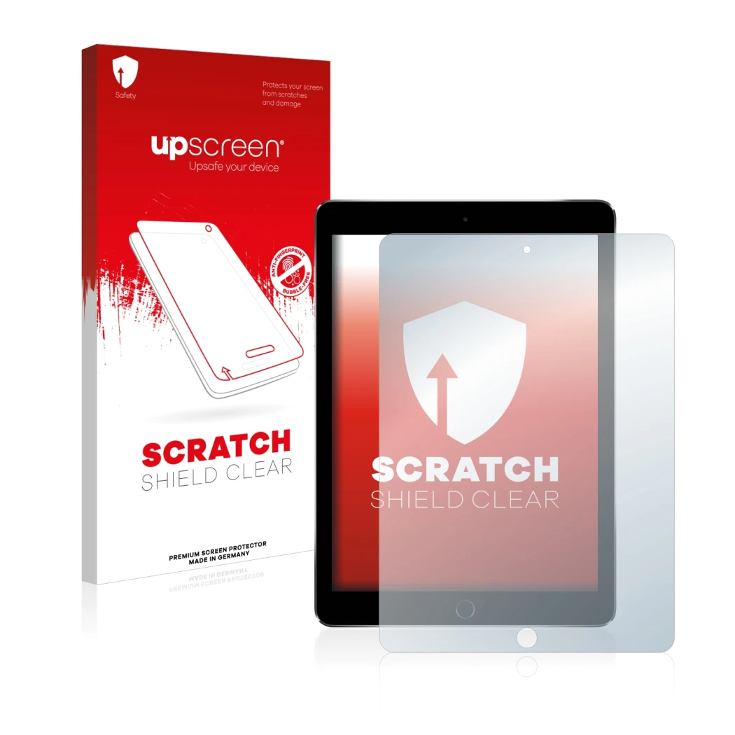 Face avant d’un emballage produit avec le logo de la marque upscreen. À côté, l’appareil Apple iPad Pro 9.7
