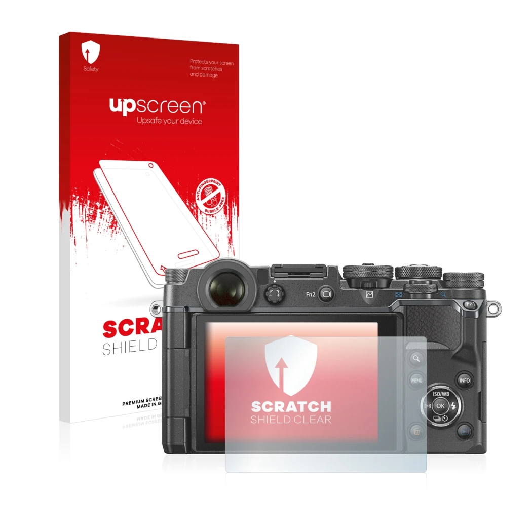 Face avant d’un emballage produit avec le logo de la marque upscreen. À côté, l’appareil Olympus PEN-F est représenté avec la 