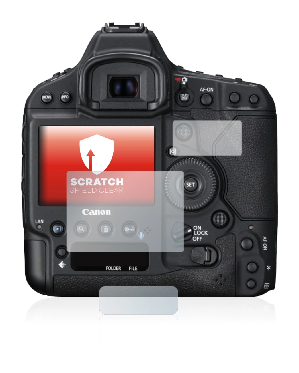 Image de l'appareil Canon EOS 1D X Mark II avec une grande variété de protections d'écran.