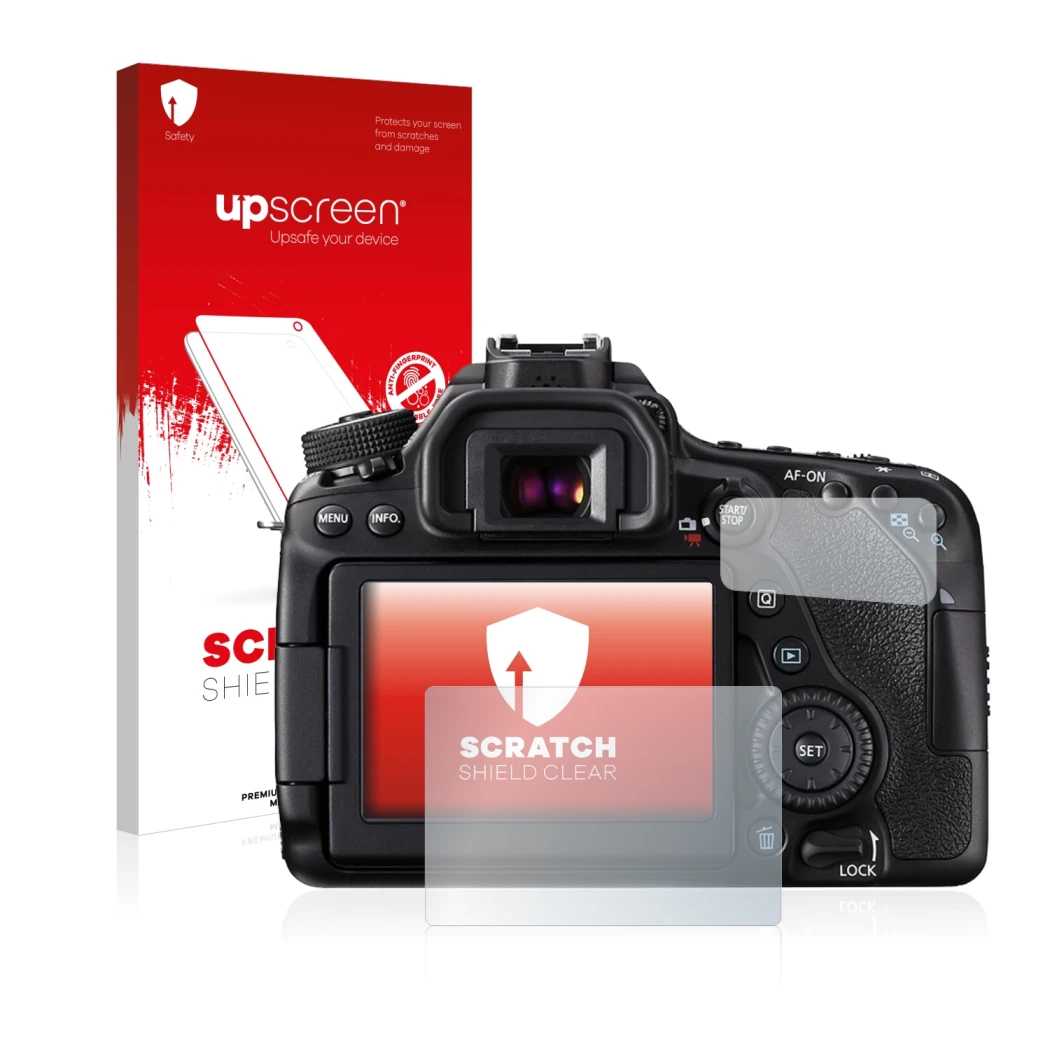 Face avant d’un emballage produit avec le logo de la marque upscreen. À côté, l’appareil Canon EOS 80D est représenté avec la