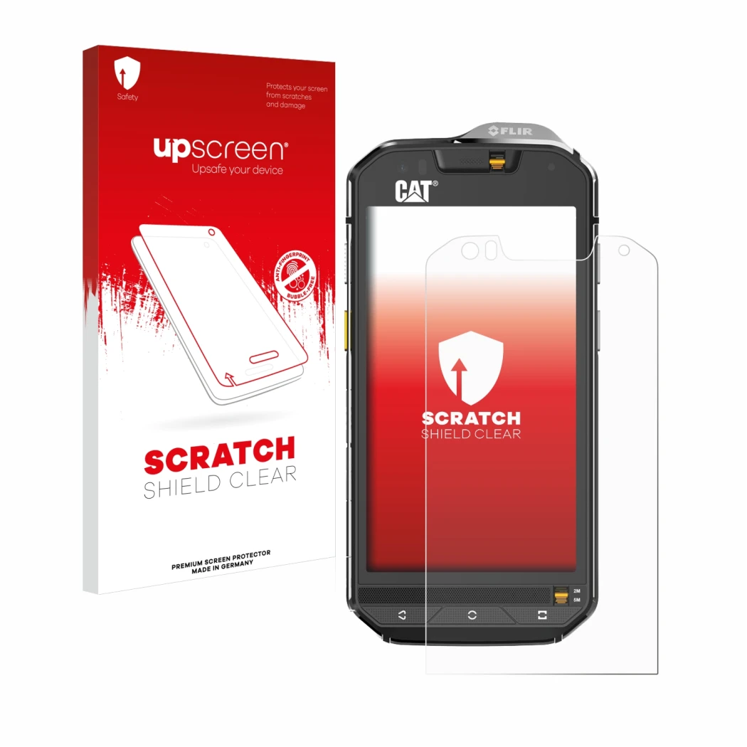 Face avant d’un emballage produit avec le logo de la marque upscreen. À côté, l’appareil Caterpillar Cat S60 est représenté av