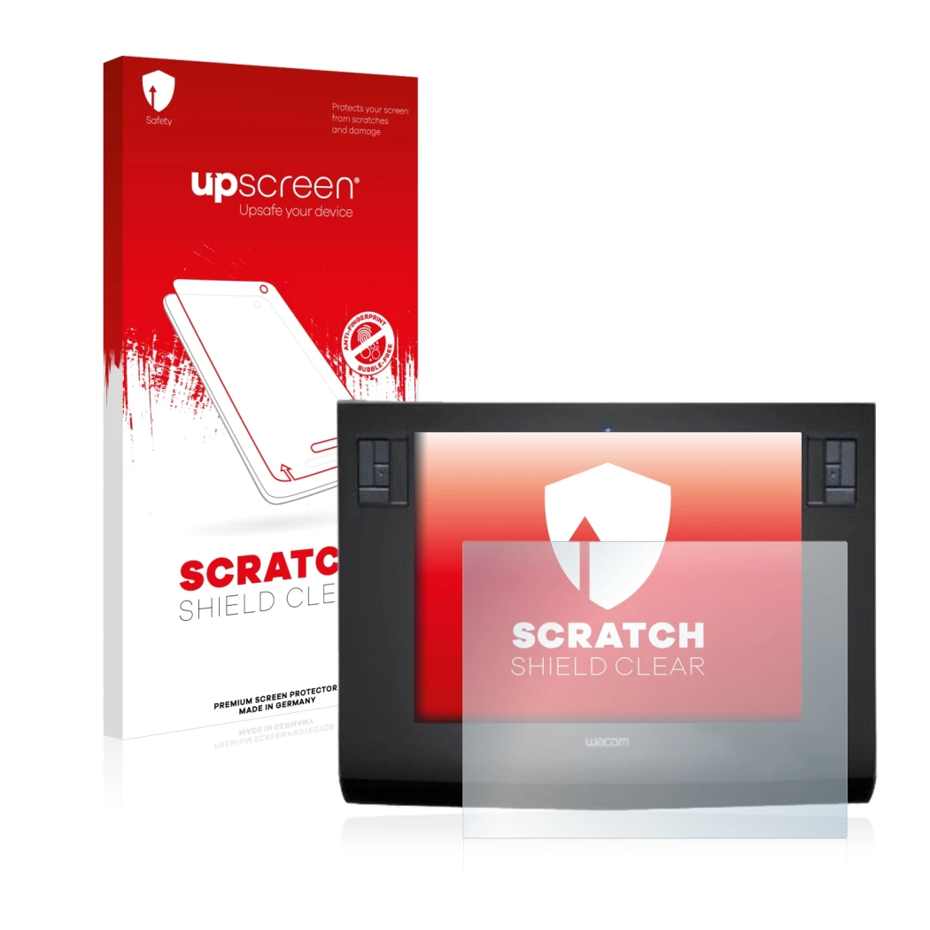 Face avant d’un emballage produit avec le logo de la marque upscreen. À côté, l’appareil Wacom Intuos 3 L est représenté avec