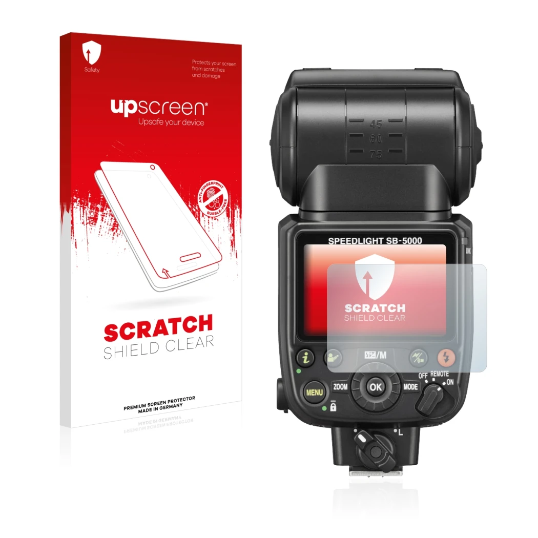 Face avant d’un emballage produit avec le logo de la marque upscreen. À côté, l’appareil Nikon SB-5000 est représenté avec la 