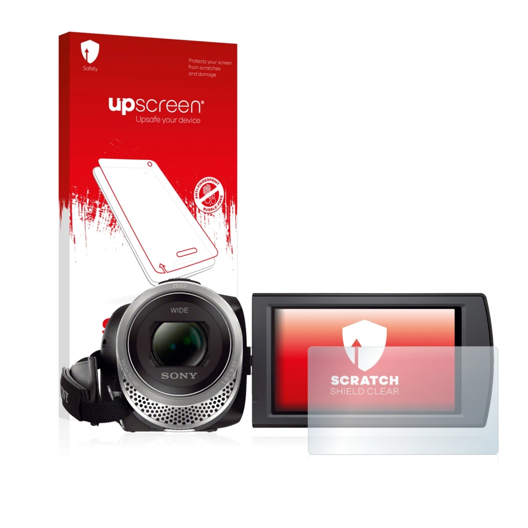 Face avant d’un emballage produit avec le logo de la marque upscreen. À côté, l’appareil Sony FDR-AX53 est représenté avec la 