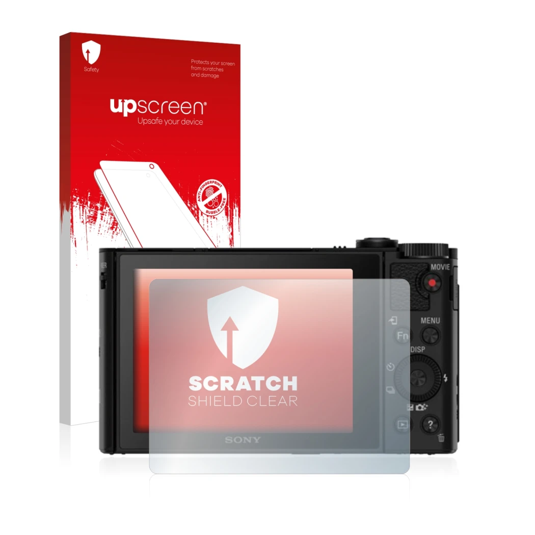 Face avant d’un emballage produit avec le logo de la marque upscreen. À côté, l’appareil Sony Cyber-Shot DSC-HX80 est représen