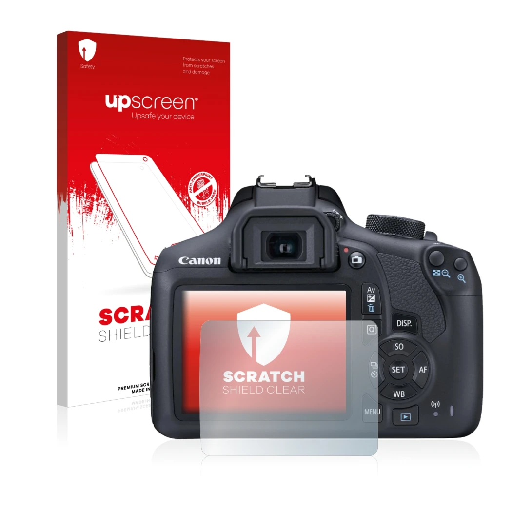 Face avant d’un emballage produit avec le logo de la marque upscreen. À côté, l’appareil Canon EOS 1300D est représenté avec l