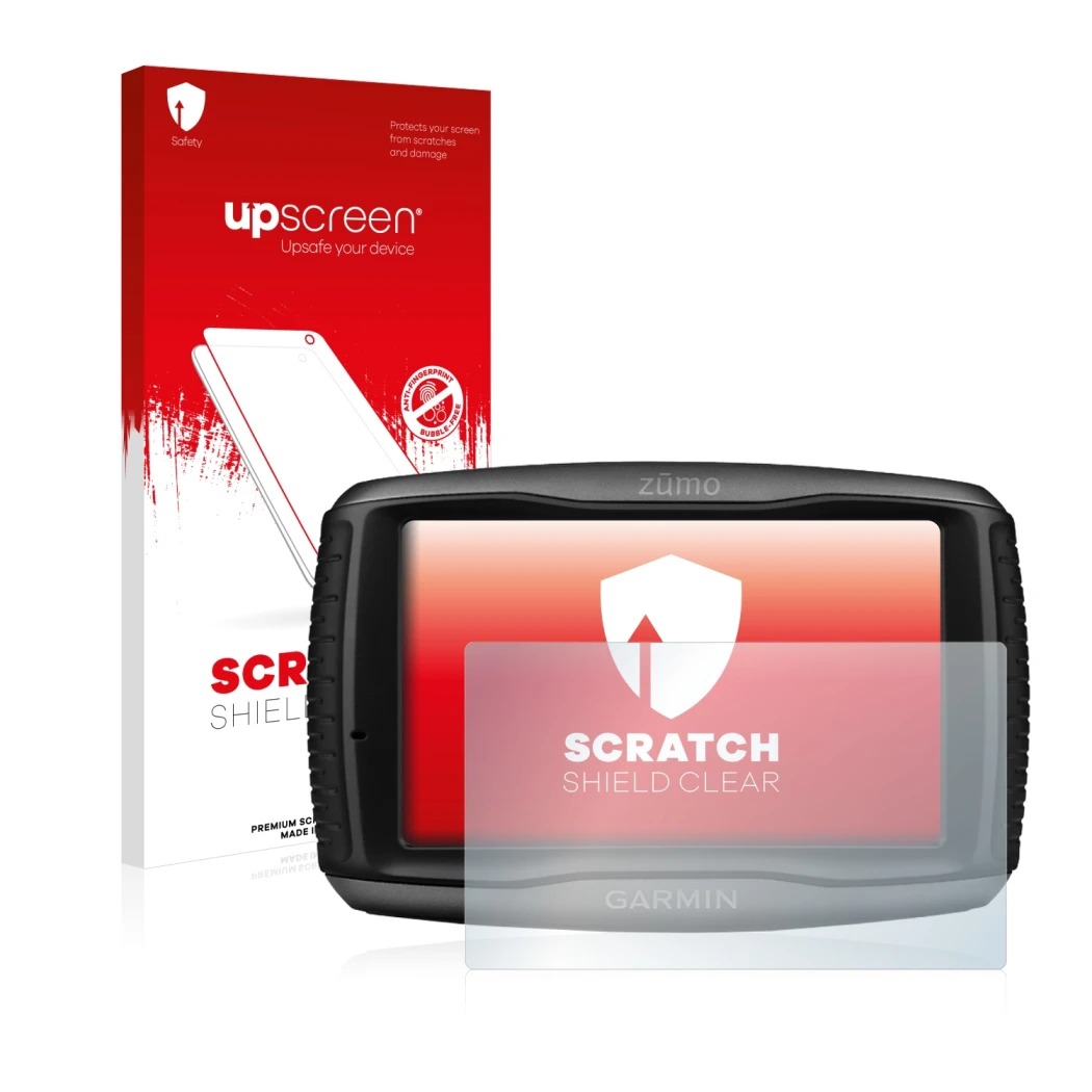 Face avant d’un emballage produit avec le logo de la marque upscreen. À côté, l’appareil Garmin zumo 595LM est représenté avec
