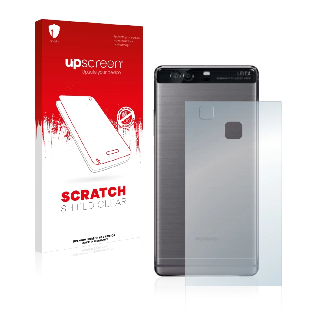 Face avant d’un emballage produit avec le logo de la marque upscreen. À côté, l’appareil Huawei P9 Plus (Arrière) est représen
