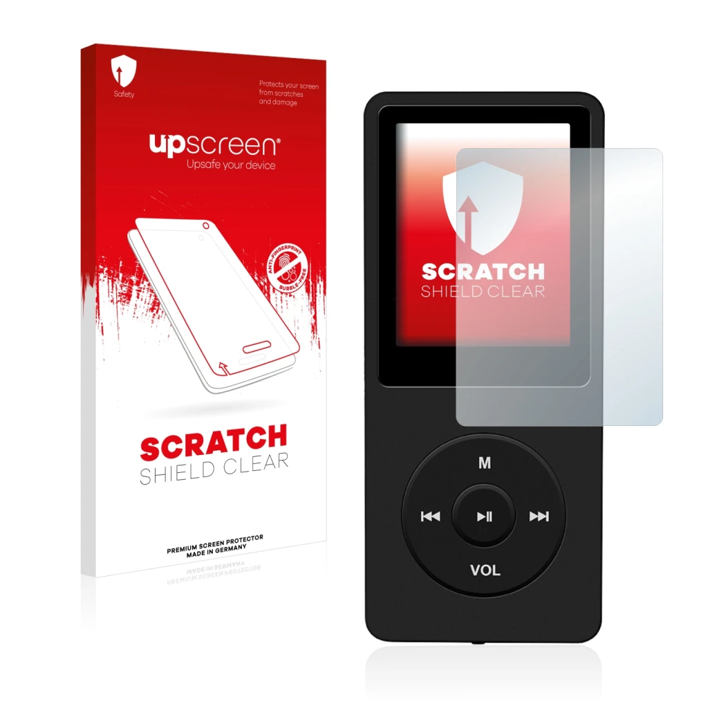 Face avant d’un emballage produit avec le logo de la marque upscreen. À côté, l’appareil AGPtek 8GB MP3-Player est représenté