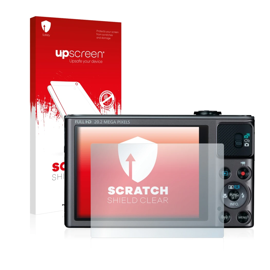 Face avant d’un emballage produit avec le logo de la marque upscreen. À côté, l’appareil Canon PowerShot SX620 HS est représen
