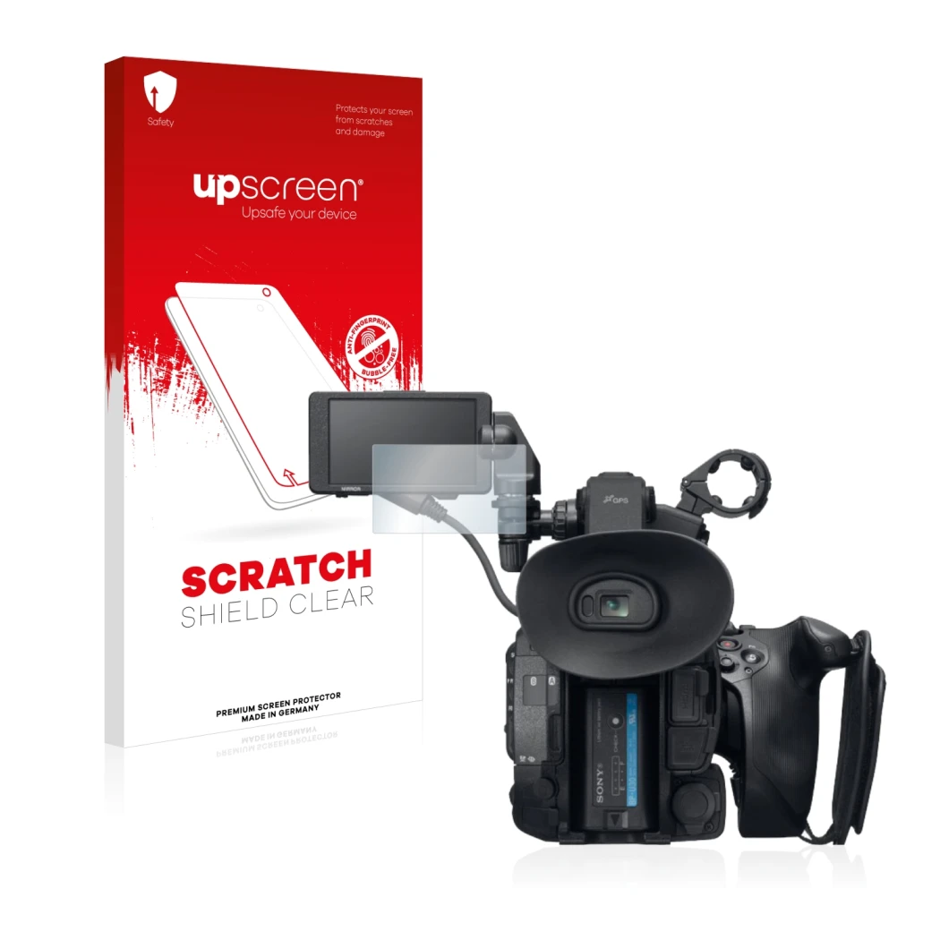Face avant d’un emballage produit avec le logo de la marque upscreen. À côté, l’appareil Sony PXW-FS5 est représenté avec la p