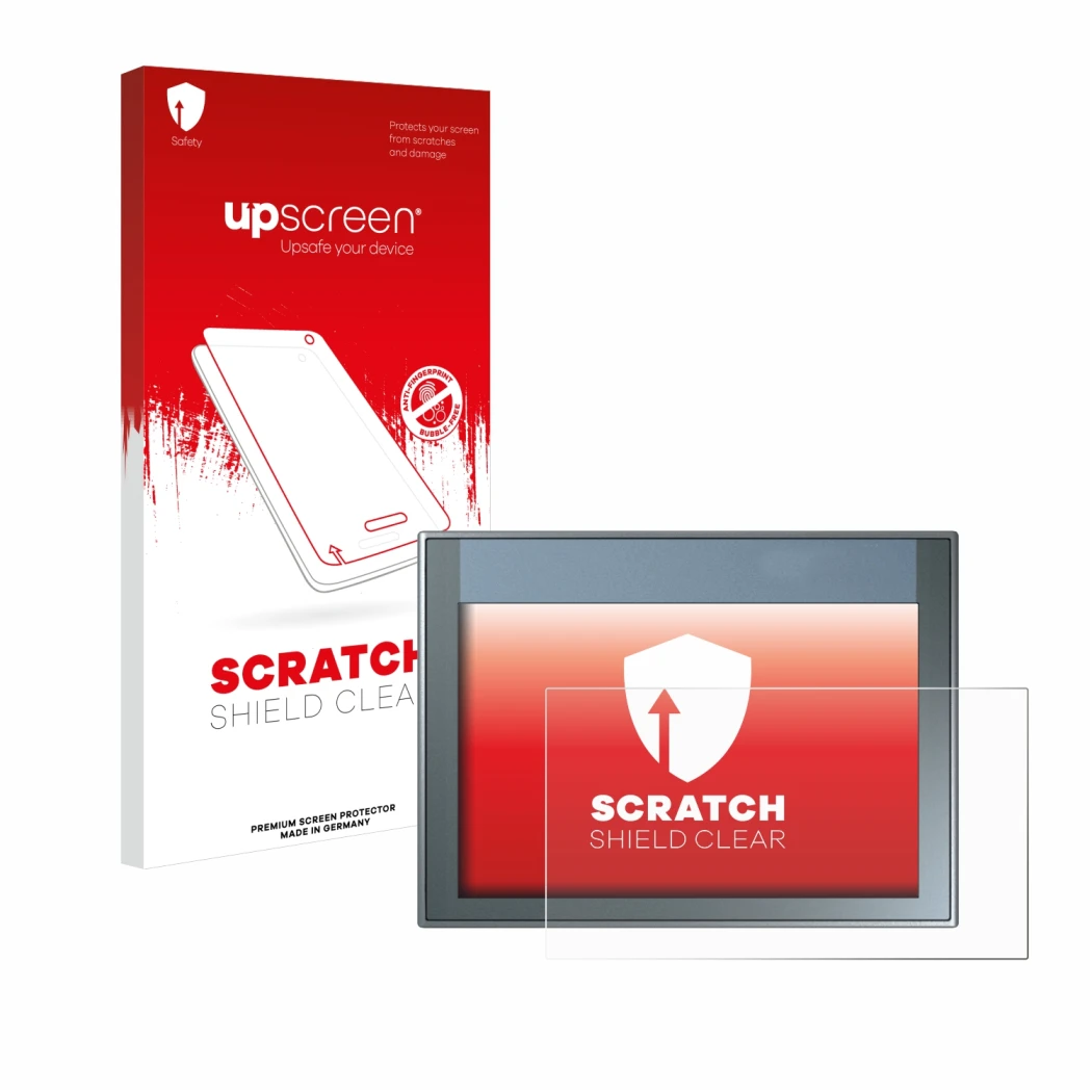 Face avant d’un emballage produit avec le logo de la marque upscreen. À côté, l’appareil Siemens Simatic HMI KTP 700 Basic est
